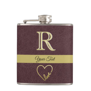 Leather Texture Custom Monogram with Love  Hip Flask