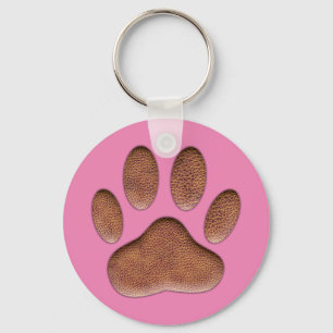 Leather Texture Dog Paw Print On Pink Keychain