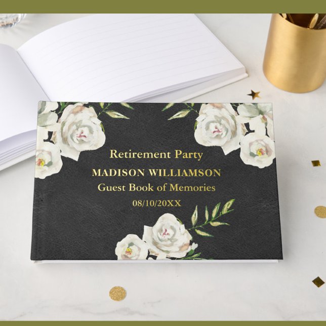 Leather Texture Floral Retirement Party Gold Foil  Guest Book (Creator Uploaded)