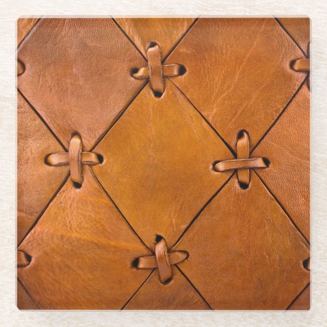Leather texture, natural selvage detail. glass coaster (Front)