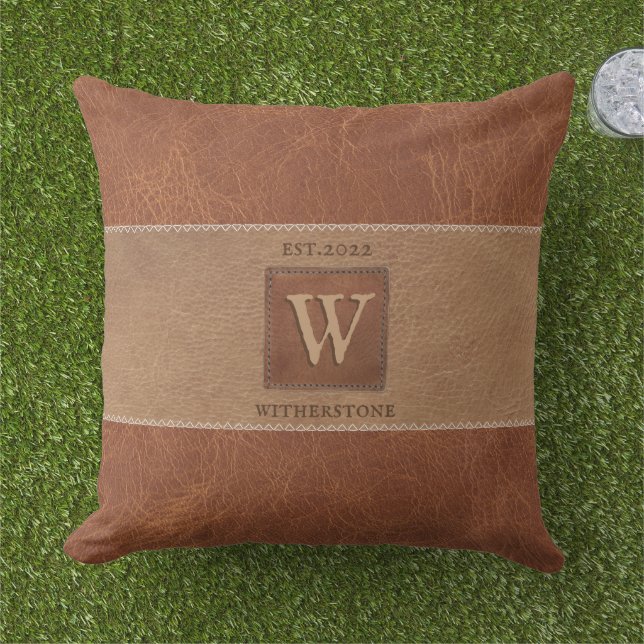 Leather Tone Stripe Horizontal Tan Chestnut Outdoo Outdoor Pillow (Grass)