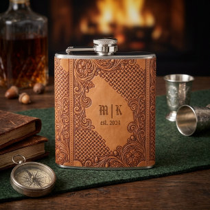 Leather Vintage Western Cowboy Initials Flask
