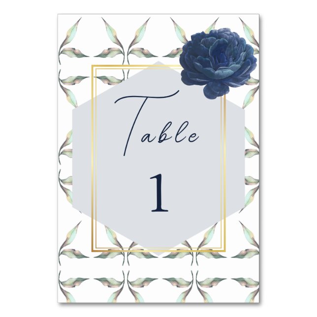 leave Pattern And Frame Navy Blue Floral Wedding  Table Number (Front)