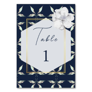 leave Pattern And Frame Navy Blue Floral Wedding Table Number