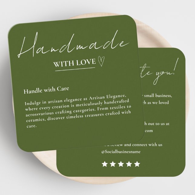 Leave Us A Review Handmade With Love Moss Green Square Business Card (Creator Uploaded)
