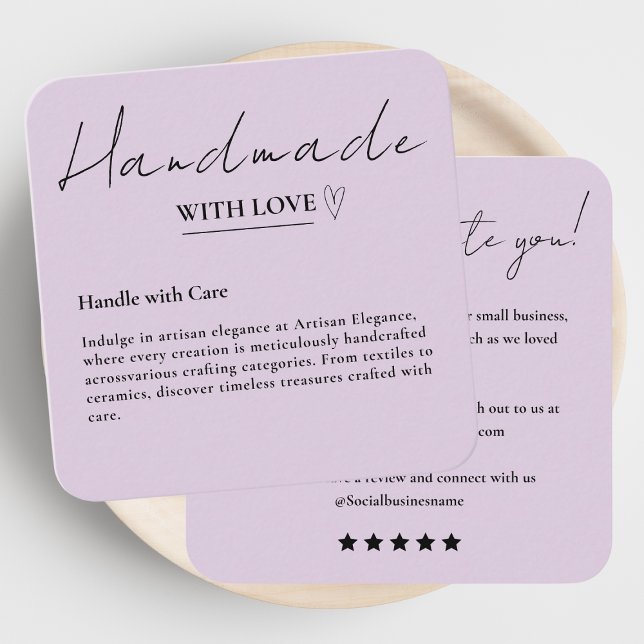 Leave Us A Review Handmade With Love Purple Square Business Card (Creator Uploaded)