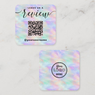 Leave Us A Review QR Code Iridescent Stylish Logo Square Business Card