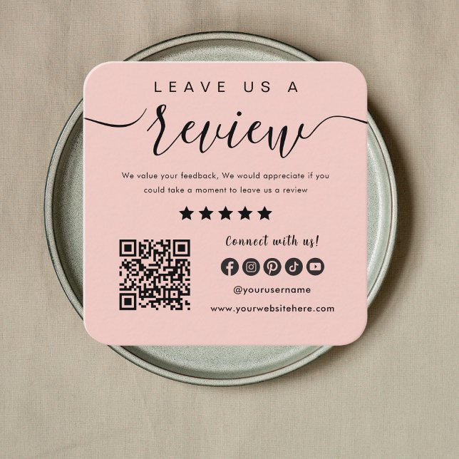 Leave Us A Review Qr Code Social Media Logo Pink Square Business Card (Creator Uploaded)