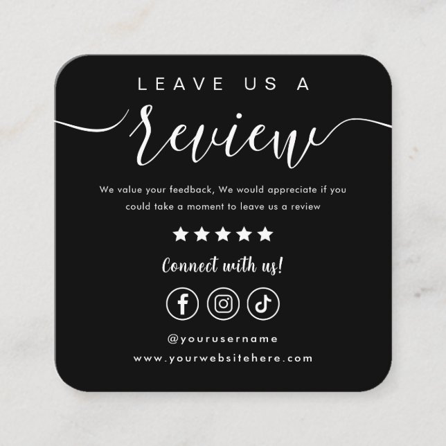 Leave Us A Review Social Media Logo Black Script Square Business Card (Front)
