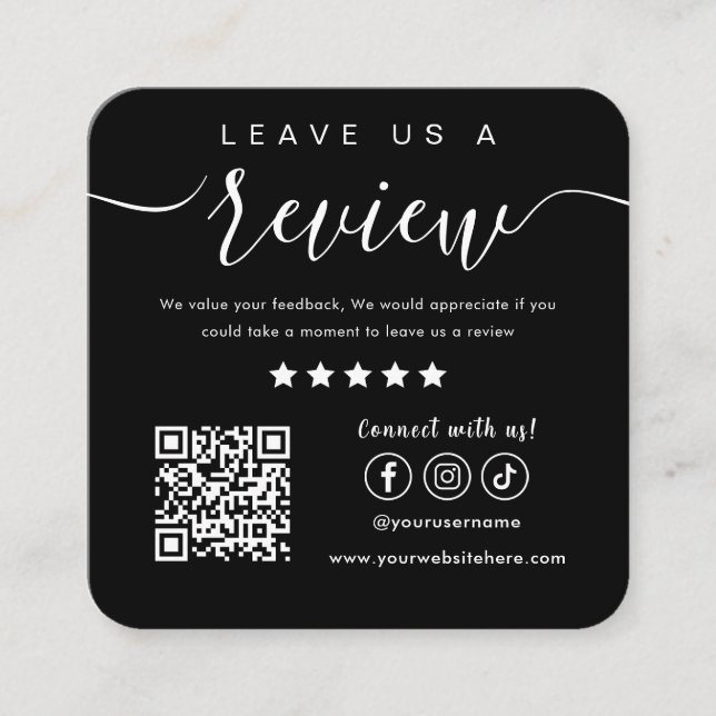 Leave Us A Review Social Media Logo Trendy Black Square Business Card (Front)