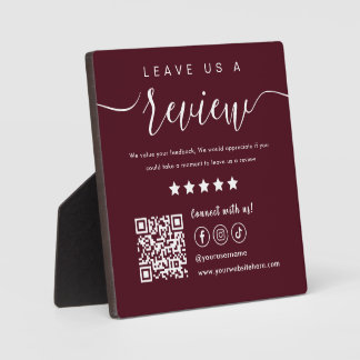 Leave Us A Review Social Media Qr Code Burgundy Plaque