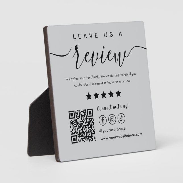 Leave Us A Review Social Media Qr Code Light Grey Plaque (Front)
