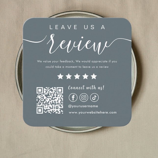 Leave Us A Review Social Media Qr Code Logo Navy Square Business Card (Creator Uploaded)