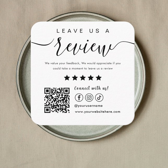 Leave Us A Review Social Media Qr Code Logo White Square Business Card (Creator Uploaded)