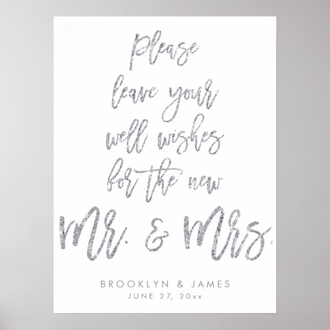 Leave Your Well Wishes Wedding Sign Silver Glitter (Front)
