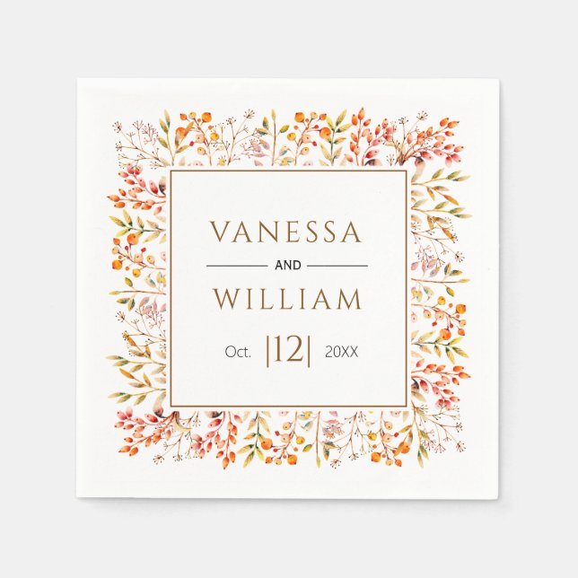 Leaves and berries brown fall wedding napkin (Front)