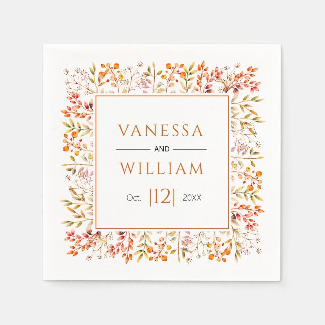 Leaves and berries burnt orange fall wedding napkin (Front)