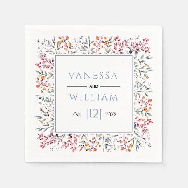 Leaves and berries dusty blue winter wedding napkin (Front)