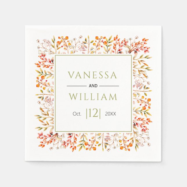 Leaves and berries olive green fall wedding napkin (Front)