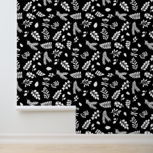 Leaves and Berries Pattern - Black White Wallpaper