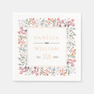 Leaves and berries peach border wedding napkins