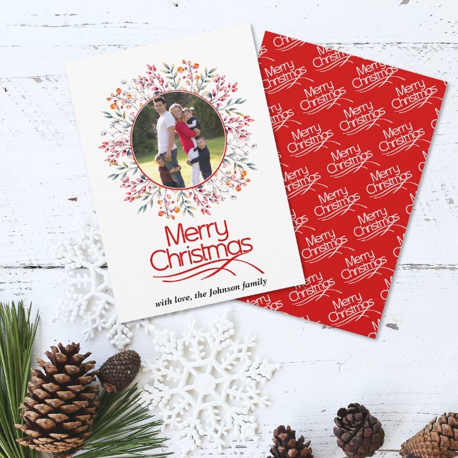 Leaves and berries red Merry Christmas photo Holiday Card (Creator Uploaded)