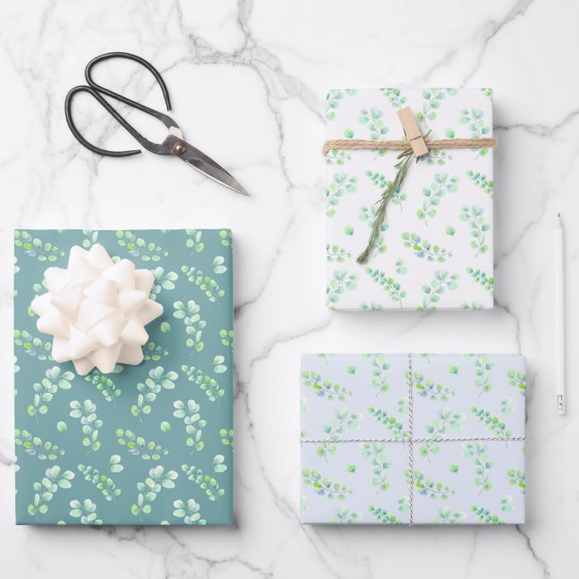Leaves and Flowers Blue Green Wrapping Paper Sheet (Front)