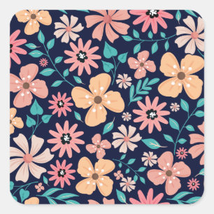 Leaves and Flowers Pattern Blue Square Sticker