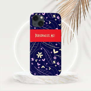 Leaves and Heart Flowers on Blue Personalized iPhone 13 Case