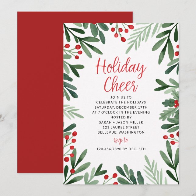Leaves and Holly Border Christmas Holiday Party Invitation (Front/Back)