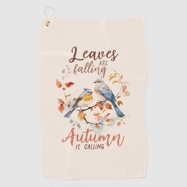 Leaves Are Falling –Whimsical Fall Birds & Foliage Golf Towel (Front)