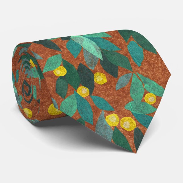Leaves Berries Minimal Floral Pattern Simple Lemon Tie (Rolled)