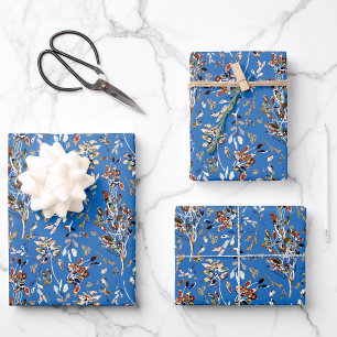 Leaves Berries Watercolor Blue Floral Pattern Wrapping Paper Sheet