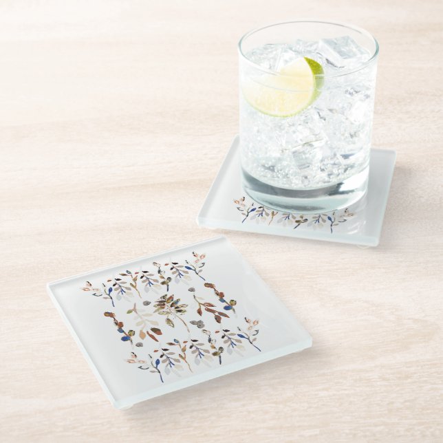 Leaves Berries White Elegant Watercolor Floral Glass Coaster (Angled)