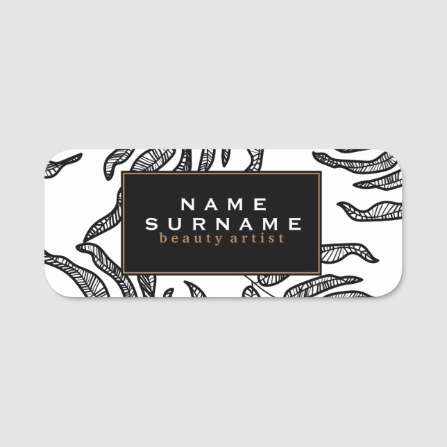Leaves Black & White Modern Name Tag (Front)