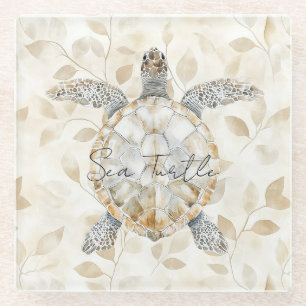 Leaves Cream Ocean Beach Sea Turtles Glass Coaster