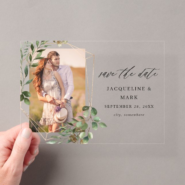 Leaves & Eucalyptus Gold V Photo Save the Date Acrylic Invitations (Insitu (Handheld))