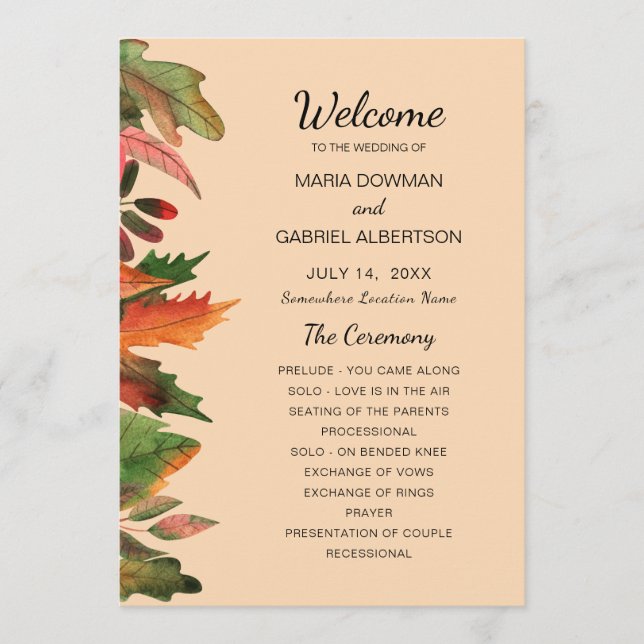 Leaves fall. Autumn formal Botanical Wedding Program (Front)