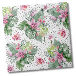 Leaves Floral Tropical Pattern Tile<br><div class="desc">A tropical design that embraces the tranquil beauty of nature mixed with a playful edge. A blend of calming green tropical leaves, including banana leaves, palms, monstera leaves, and pink princessa plants, alongside soothing purple-pink orchid flowers and protea bloom, intertwined with various other foliage. Adding an element of fun, a...</div>