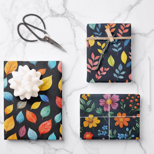 Leaves & Flowers Chalk Drawing Autumn Gift Wrapping Paper Sheet (Front)