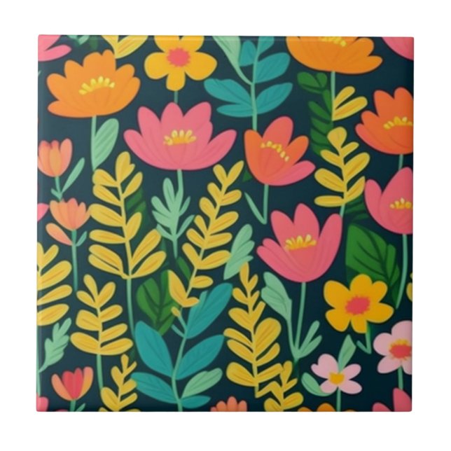 Leaves flowers colourful design  tile (Front)