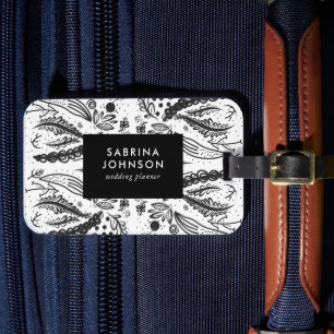 leaves flowers polka dots pattern black white luggage tag