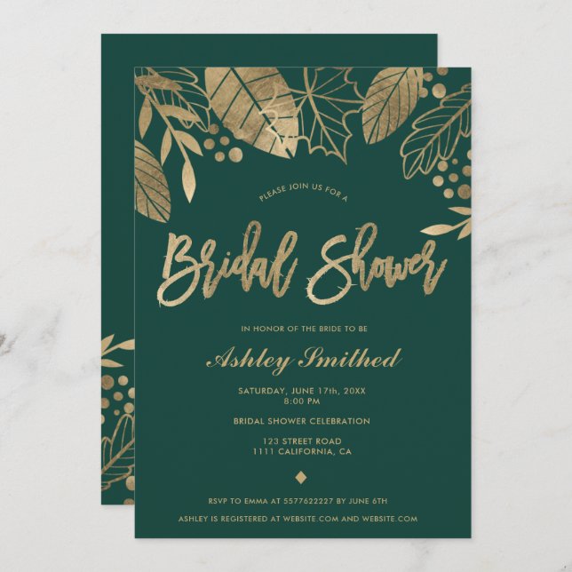 Leaves gold emerald green modern bridal shower invitation (Front/Back)