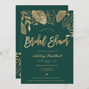 Leaves gold emerald green modern bridal shower invitation