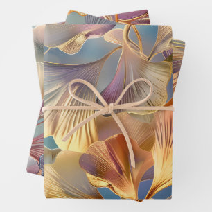Leaves Gold Pink Blue Wrapping Paper Sheet