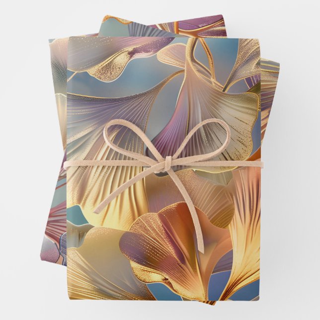Leaves Gold Pink Blue Wrapping Paper Sheet (In situ)