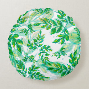 Leaves green pattern nature plant round pillow