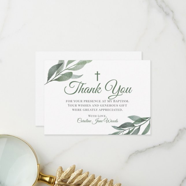 Leaves Greenery Baptism Thank You Card (Front/Back In Situ)