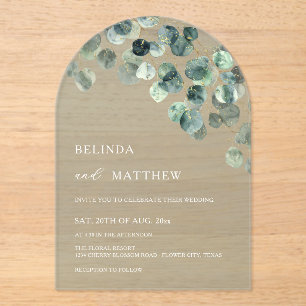 Leaves Greenery Watercolor Flowers Modern Arch Acrylic Invitations