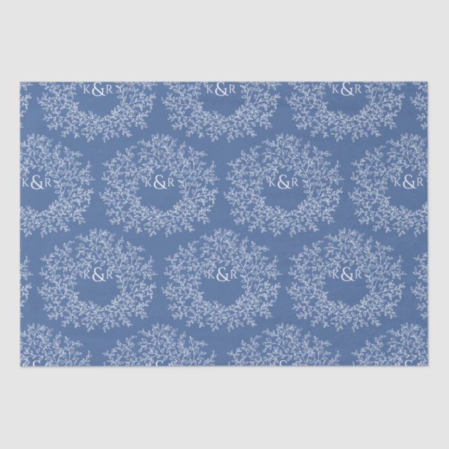 Leaves hand drawn monogram blue wedding tissue paper (Front)